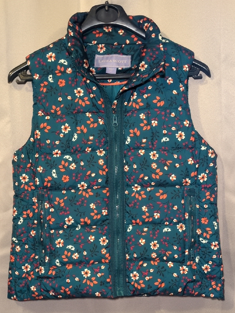 Laura Scott Teal Floral Quilted Puffer Vest